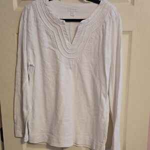 Charter Club Cream Long Sleeve Top with Embroidered Neckline